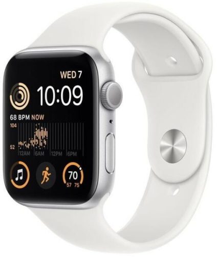 Apple Watch SE (2022) GPS + Cellular - 44 mm-es ezüstszínű alumíniumtok, fehér sportszíj
