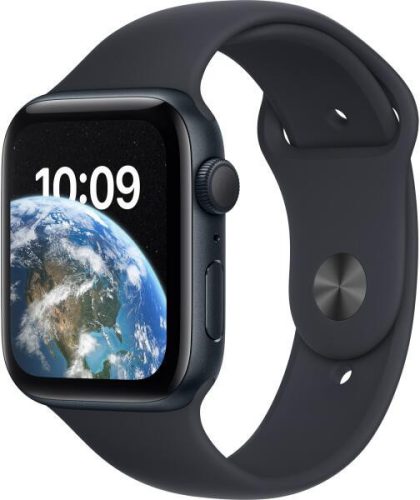 Apple Watch SE (2022) GPS - 44 mm-es ezüstszínű alumíniumtok, fekete sportszíj